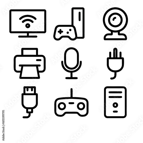 A versatile black line icon set of modern technology and gaming gadgets, arranged in a clean grid pattern for web and app design.