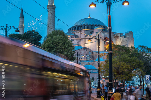Canvas Print Hagia sophia with moving tram at blue hour in istanbul