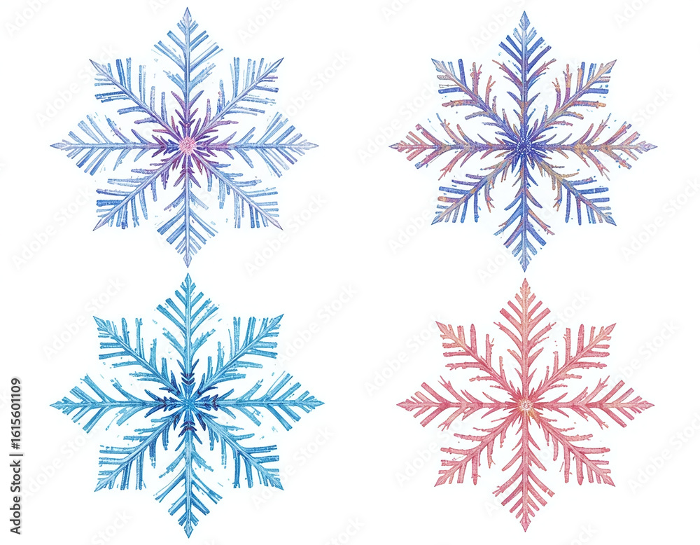 Set of 4 detailed snowflake illustrations on white background, perfect for winter designs, holiday projects, and festive decorations Set of 4 detailed snowflake illustrations on white background, perfect for winter designs, holiday projects, and festive decorations