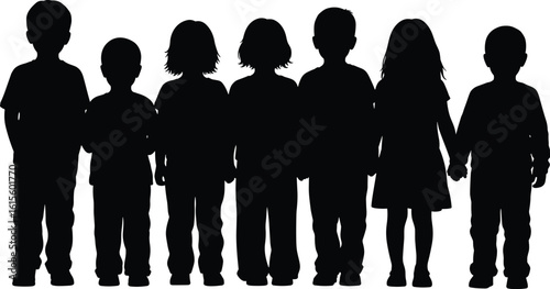 Silhouette of seven children standing in a row, diverse group, unity, childhood, friendship, isolated on white background, vector illustration.