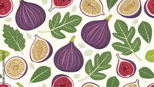 Seamless pattern of fresh figs with green leaves on a white background