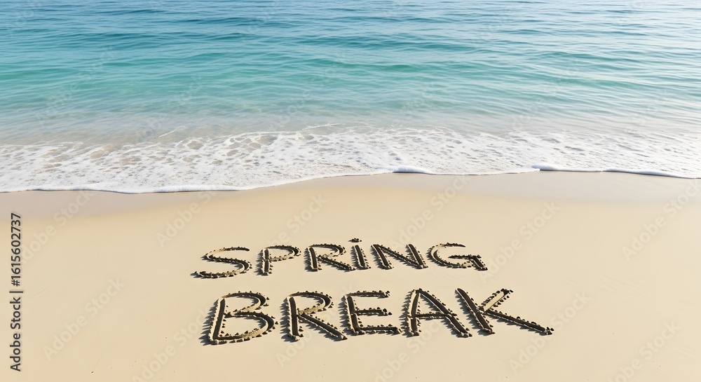 Fototapeta premium Spring Break message handwritten in the sand on a serene tropical beach, a perfect vacation getaway concept.