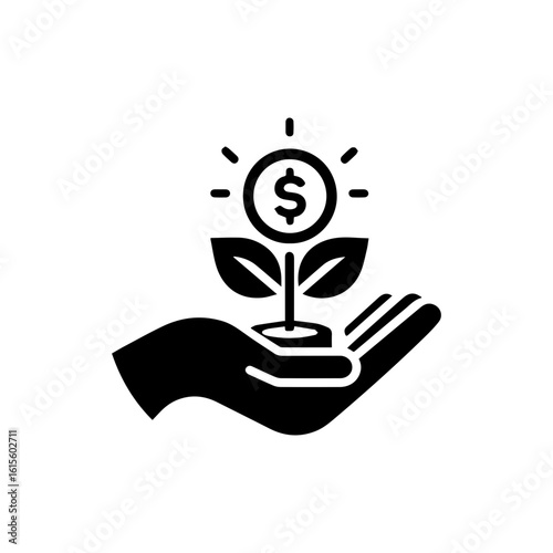Investment growth icon with a hand holding a plant growing from a  dolar coin.