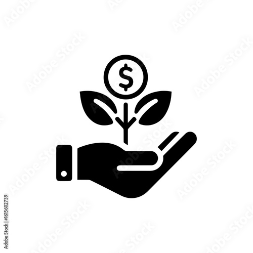 Investment growth icon with a hand holding a plant growing from a  dolar coin.