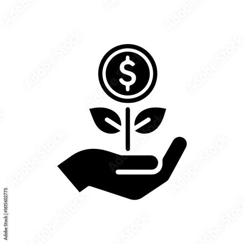 Investment growth icon with a hand holding a plant growing from a  dolar coin.