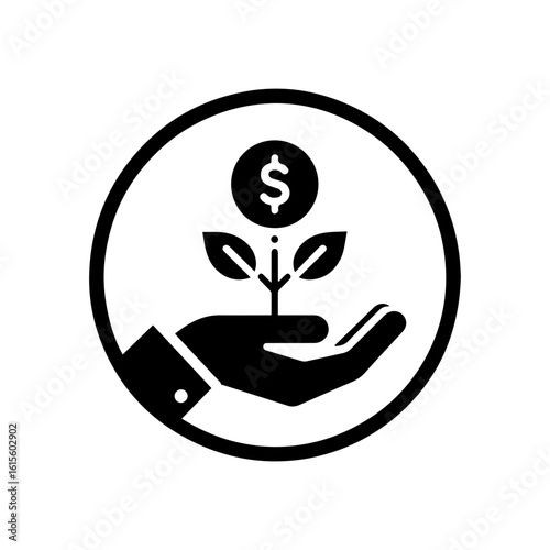Investment growth icon with a hand holding a plant growing from a  dolar coin.