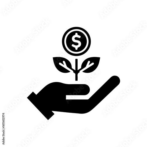 Investment growth icon with a hand holding a plant growing from a  dolar coin.