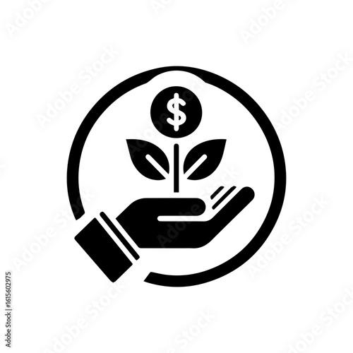 Investment growth icon with a hand holding a plant growing from a  dolar coin.
