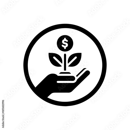 Investment growth icon with a hand holding a plant growing from a  dolar coin.