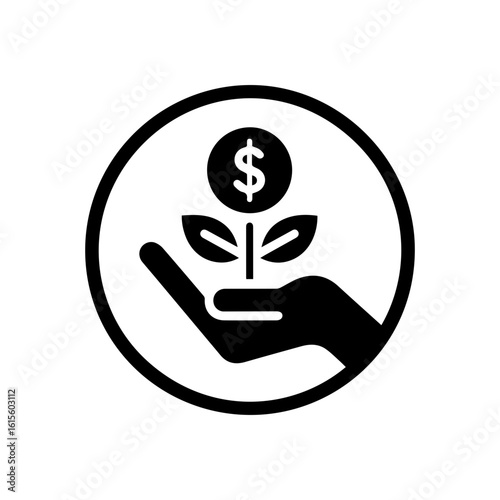 Investment growth icon with a hand holding a plant growing from a  dolar coin.