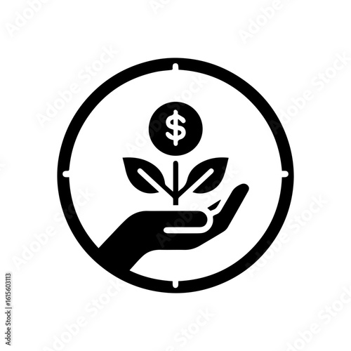 Investment growth icon with a hand holding a plant growing from a  dolar coin.