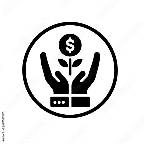 Investment growth icon with a hand holding a plant growing from a  dolar coin.