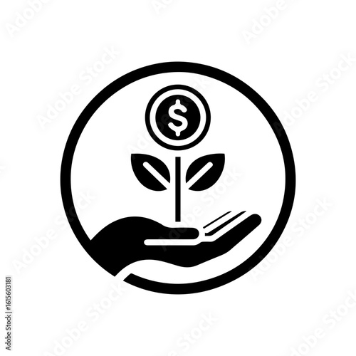 Investment growth icon with a hand holding a plant growing from a  dolar coin.