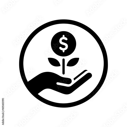 Investment growth icon with a hand holding a plant growing from a  dolar coin.