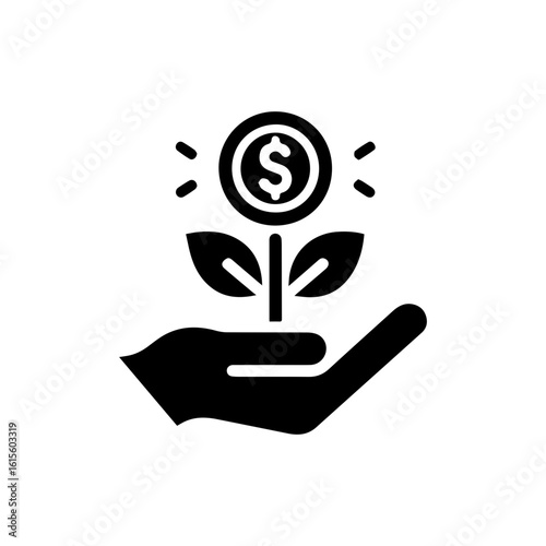 Investment growth icon with a hand holding a plant growing from a  dolar coin.