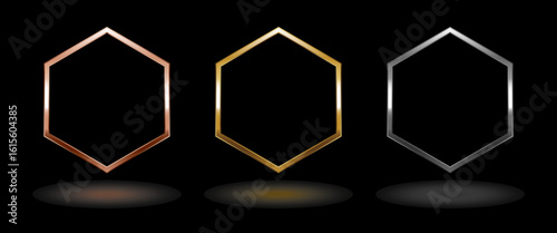Shiny metal hexagon frame. Isolated luxury pink gold, gold and silver hexagon border on black background. Set of glossy geometric flat frame mockup design element.