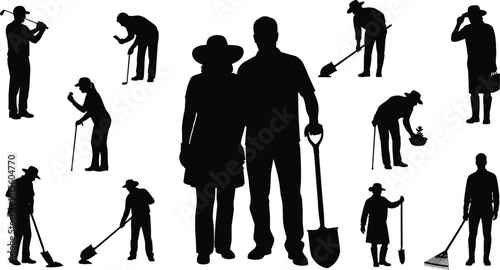 Silhouettes of gardeners working outdoors, diverse tools, teamwork, planting, shoveling, raking, watering plants, garden maintenance, lifestyle, community activity