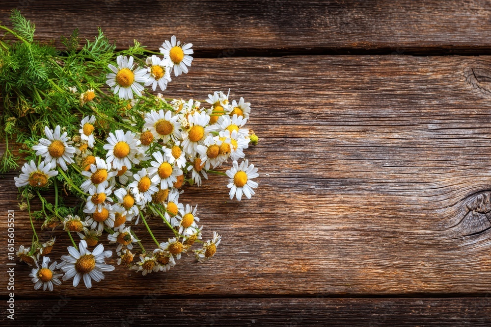 Obraz premium Summer Herbal plant assortment Daisies against wood backdrop