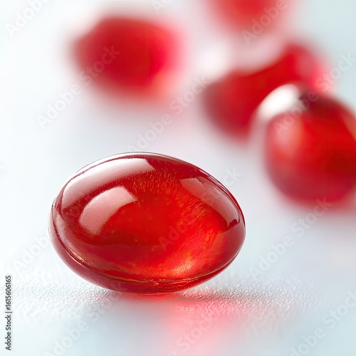 Close-up of several bright red oval capsules