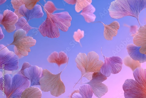 Delicate, pastel-hued Ginkgo biloba leaves in mid-air against a soft gradient backdrop