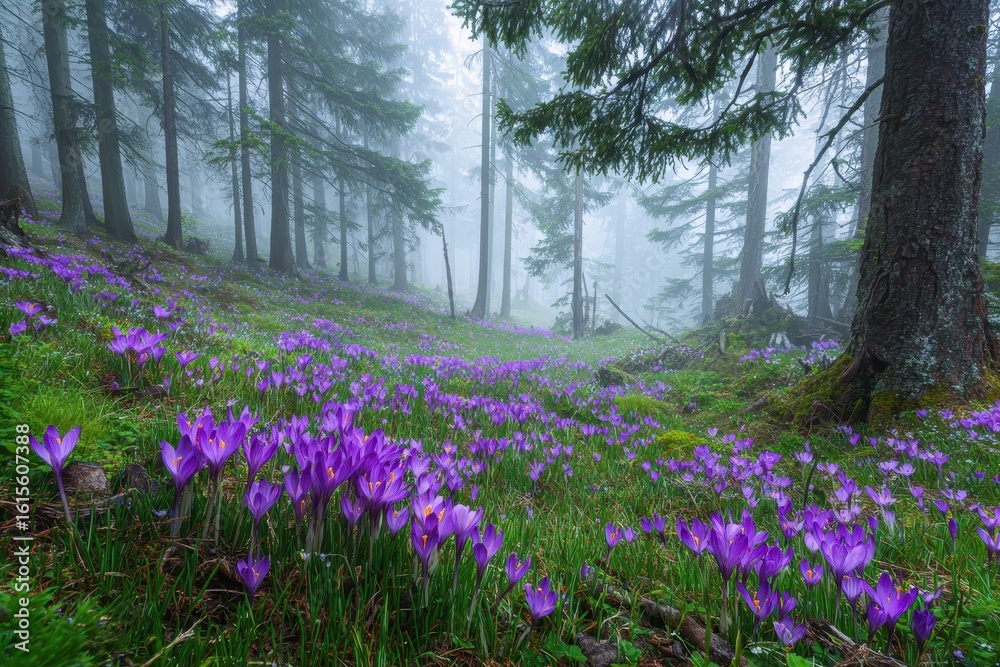 Fototapeta premium Picturesque landscape of a verdant field adorned with blooming purple crocuses in a misty forest during spring