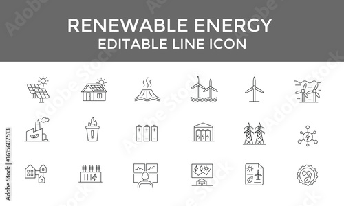 Renewable Energy Editable Line Icon Set Vector Collection
