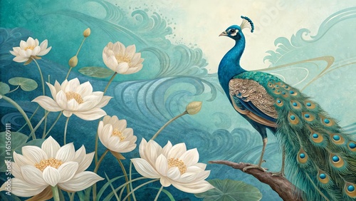 Elegant peacock with white lotus flowers in peaceful blue garden background illustration for creative design