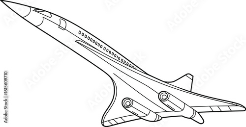 Supersonic commercial airplane, Concorde jet aircraft, high-speed passenger plane illustration, black and white vector drawing, aviation, flight, transport