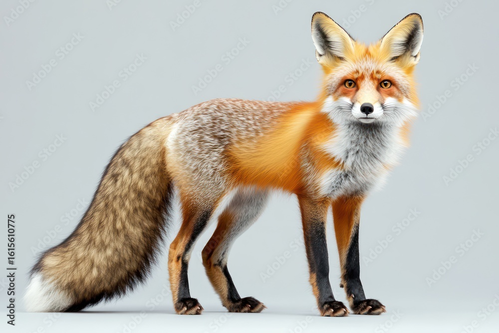 Fototapeta premium Alert red fox with bushy tail and golden eyes