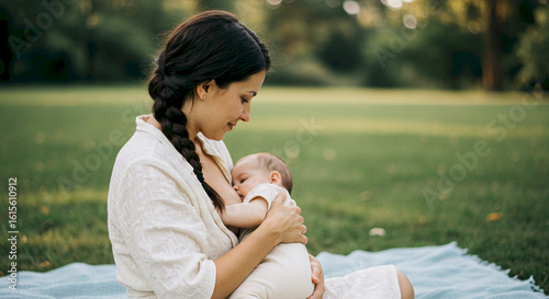 Mother breastfeeding baby peacefully on blanket in green park  