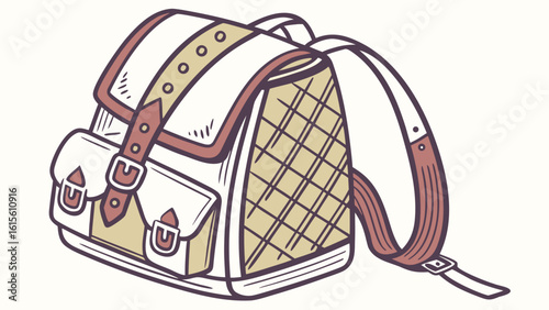 Illustration of a vintage backpack with straps and buckles in a cartoon style design aesthetic