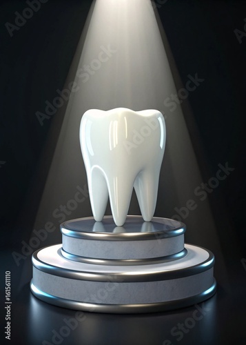 Shining White Tooth Exemplifying Perfect Oral Hygiene and Dental Care Under Dramatic Spotlight Lighting