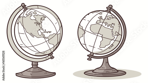 Two world globes on stands showing continents and latitudes in a cartoon style illustration design