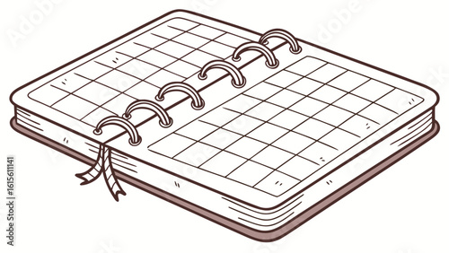 Isometric view of an open notebook with a grid pattern and metal rings holding the pages together nicely