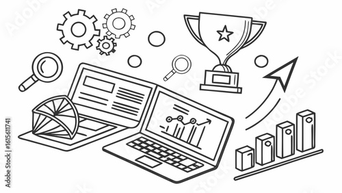 Illustration of business analytics with laptops gears trophy and rising graph elements sketch style