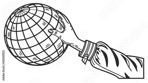 A hand holding a spherical globe with grid lines and a cuff on the sleeve in black and white art