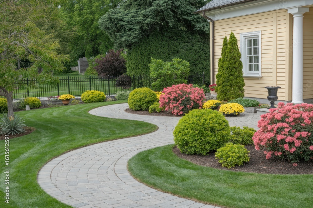 Fototapeta premium Landscaping design ideas for front yard garden pathway shrubs