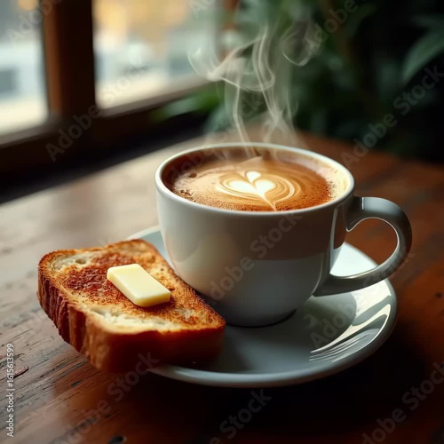 Cup of Cappuccino and Toast with Jam in Warm Light. Simple Breakfast with Cappuccino and Buttery Toast. Rustic Coffee and Toast Scene in Minimal Aesthetic.