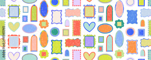 Seamless pattern with colorful picture frames. Crayon drawn curved boarders.