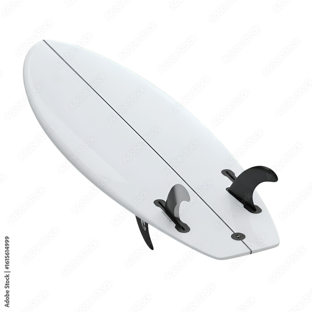 Fototapeta premium Isolated 3D White Surfboard With Black Fins On Transparent Background