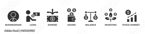 Smart Financial Growth Icons set vector illustration glyph with  Businessman, Loan, Expend, Saving, Balance, Investing, Stock market