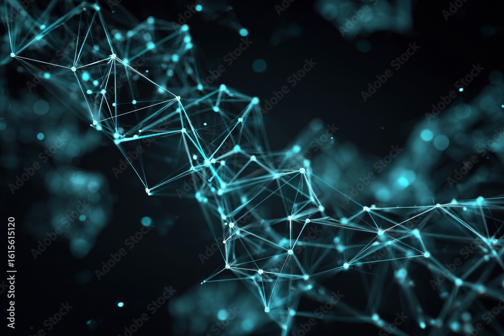 Obraz premium Glowing network lines form high tech visual. Green backdrop and bright dots highlight digital abstract pattern.
