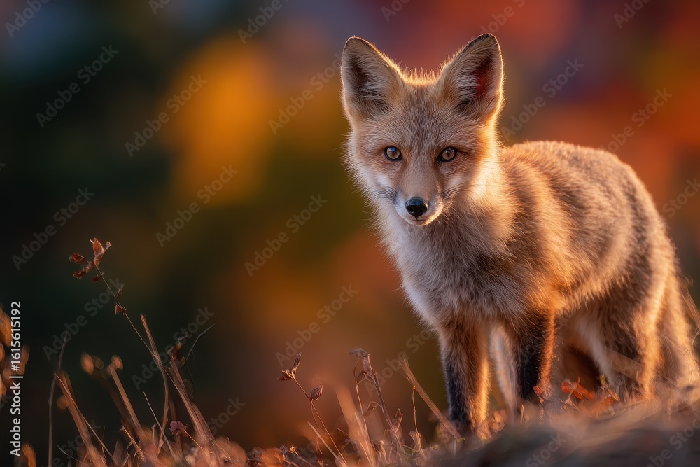 Fototapeta premium Young red fox vixen foraging in autumn sunlight