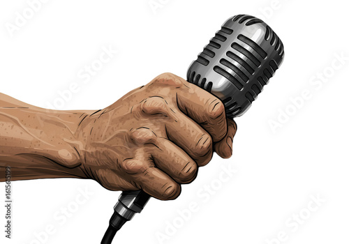 Illustration Of A Hand Holding A Retro Microphone With A Black Background