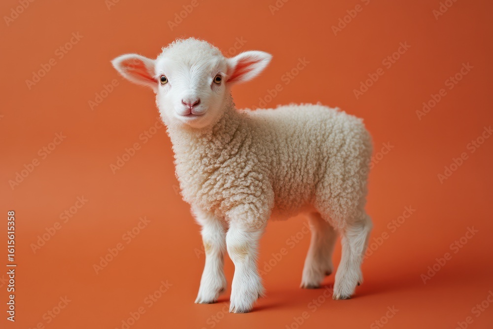 Fototapeta premium Tiny newborn lamb standing unsteadily with soft wool
