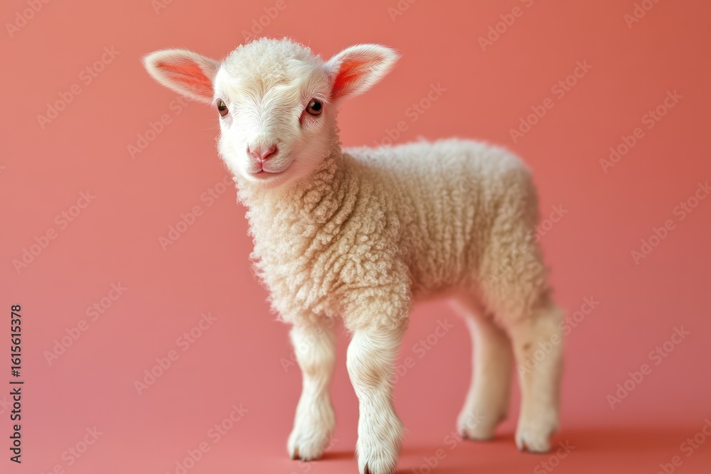 Fototapeta premium Tiny newborn lamb standing unsteadily with soft wool