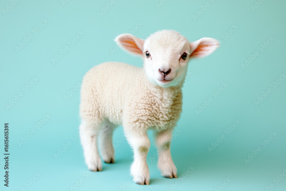 Fototapeta premium Tiny newborn lamb standing unsteadily with soft wool