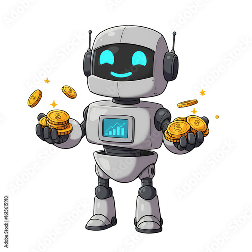 Illustration Of A Smiling Robot Holding Gold Coins On Transparent Background
