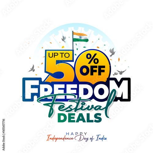 Up to 50% off, Freedom festival deal concept for Happy independence day of India sales promo logo.
