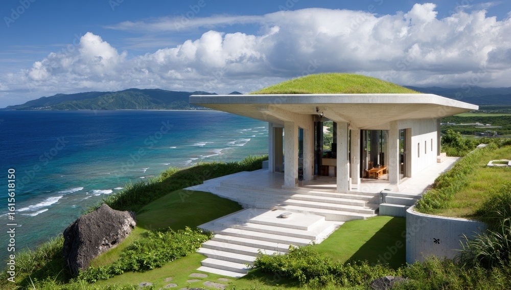 Fototapeta premium Modern seaside home with a grassy roof.